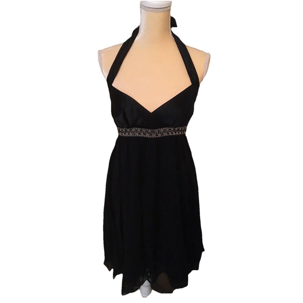 Adrianna Papell Boutique 100% Silk Black Halter Cocktail Dress SZ 4 Beaded Waist